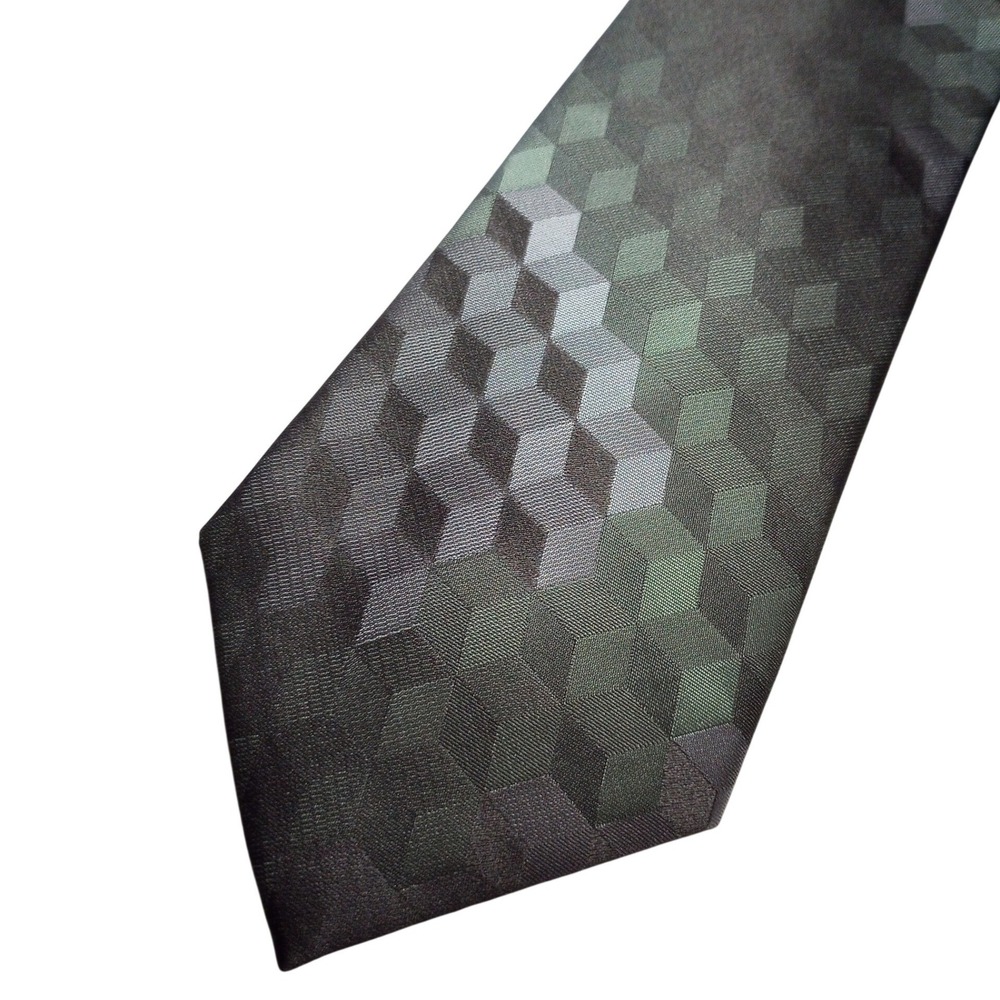 Axcess Claiborne Mens Silk Tie Gray Green Geometric 3D Cube Pattern Necktie